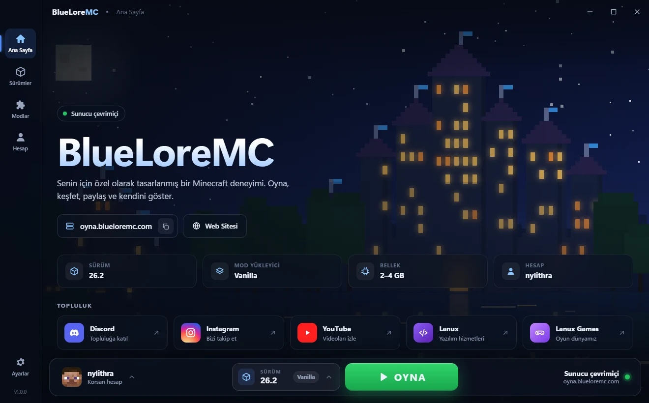 BlueLoreMC Client ana ekranı